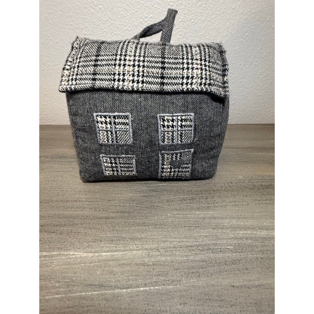 charming country cottage door stop grey tartan fabric woven heart carry handle